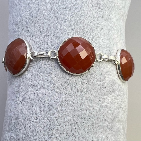 New Checkerboard Faceted Carnelian Crystal Stone Silver Overlay Bracelet 7” 7.5” - Picture 4 of 7